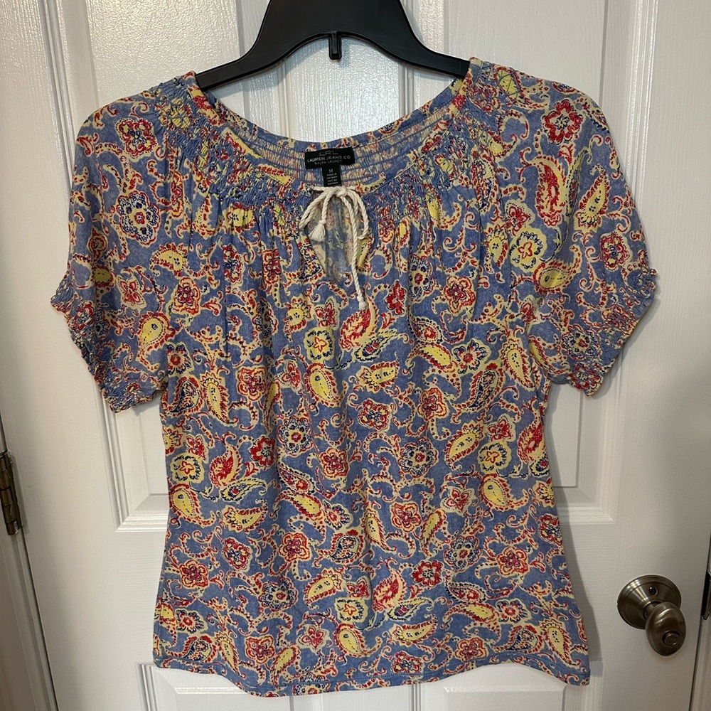 LRL Ralph Lauren Paisley Womens Blouse M Tie Front Country Prairie Western Indie